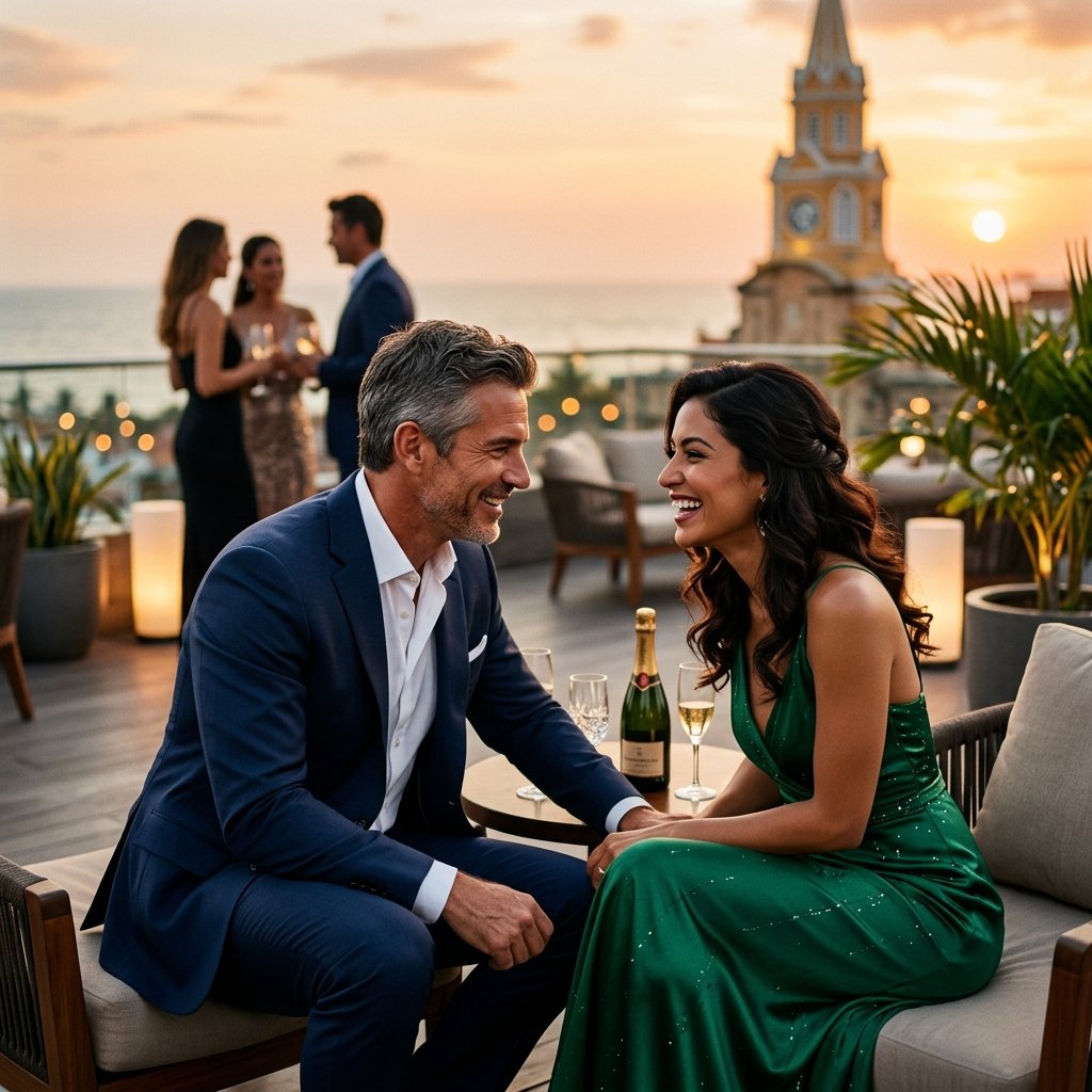 Luxury rooftop conversation in Cartagena